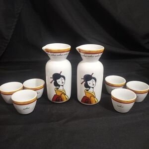 Porcelain Sake Set with Two Geisha Decanter and Six Sake Cups